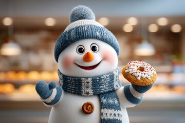 Cheerful Snowman Holding Cookie in Cozy Winter Bakery Setting