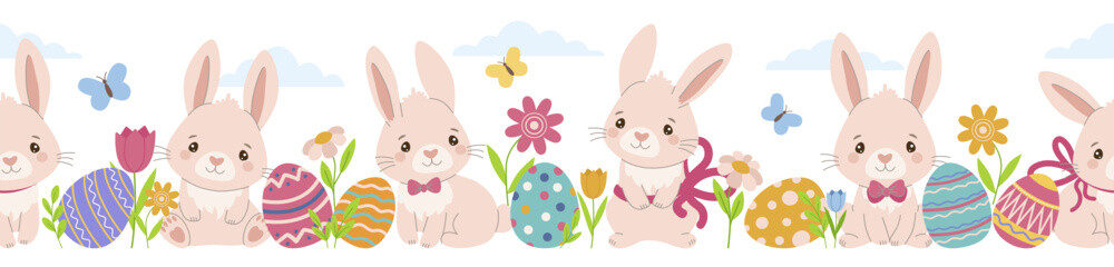 Adorable vector illustration seamless pattern of cute bunnies surrounded by colorful decorated Easter eggs, butterflies, and flowers. Perfect for festive designs, crafts, and holiday cards.