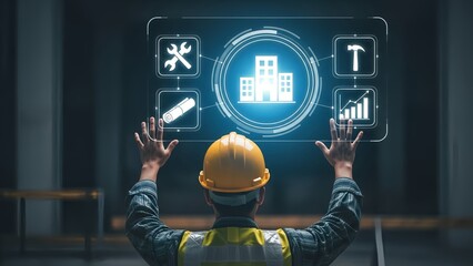 Construction worker interacting with futuristic digital interface