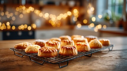 Freshly Baked Pastries on Cooling Rack with Warm Bokeh Background