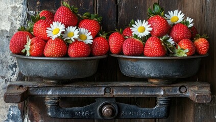 Strawberries and daisies in scale bowls, rustic backdrop