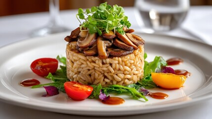 Elegant Risotto Dish with Mushrooms and Fresh Garnish