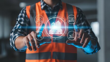 Construction worker interacting with digital building interface