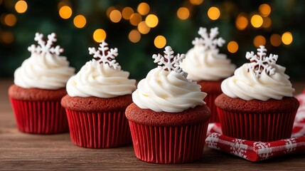 Festive Red Velvet Cupcakes with Snowflake Toppers on Wooden Table