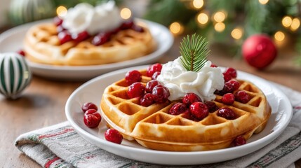 Delicious waffles topped with whipped cream and fresh cranberries