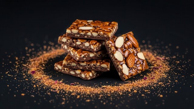 Stack of homemade indian chikki or brittle squares made with nuts and jaggery, scattered with fine crumbs on a dark surface, closeup food photography