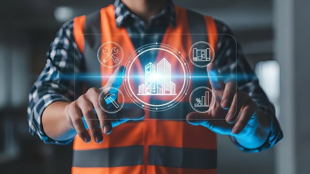 Construction worker interacting with digital building interface - Powered by Adobe