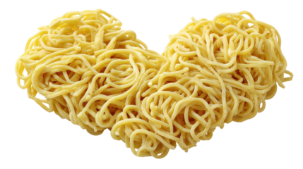 Yellow cooked noodle heart shape arrangement on transparent background for designs