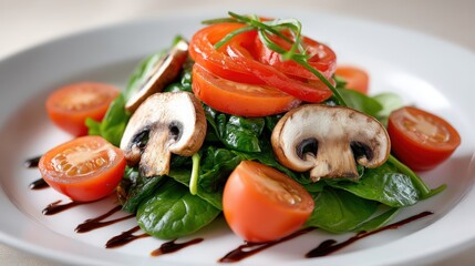 Fresh Spinach Salad with Tomatoes and Mushrooms on White Plate
