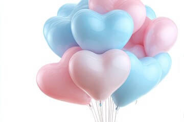 Pink and blue heart-shaped balloons bunching on light background, floating upward
