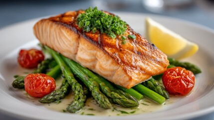 Grilled Salmon Fillet with Asparagus and Cherry Tomatoes Platter