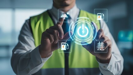 Engineer interacting with sustainable energy icons on interface