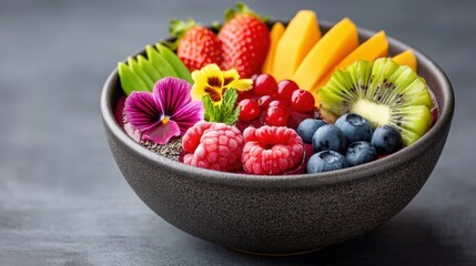 Fresh and Colorful Fruit Bowl with Mixed Berries and Edible Flowers