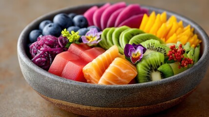 Vibrant Bowl of Fresh Fruits and Salmon Slices on Rustic Table