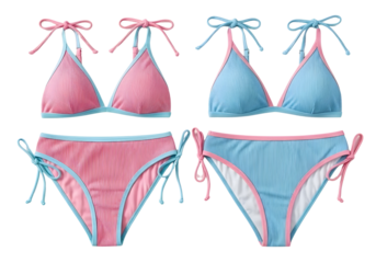 Pink and blue striped bikini set with ties isolated on transparent background