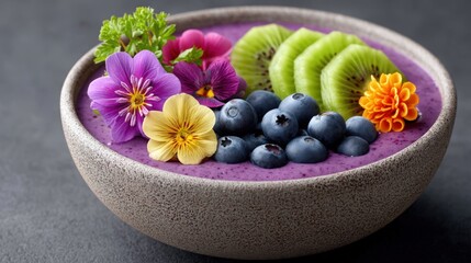 Colorful Fruit Bowl with Edible Flowers and Smoothie Base Delight