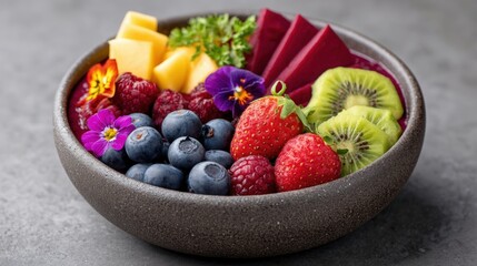 Fresh and Colorful Fruit Bowl with Berries and Tropical Fruits
