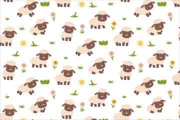 Obraz premium Adorable vector illustration featuring a seamless pattern of fluffy cartoon sheep in soft pastel colors. Each sheep is surrounded by simple flowers and grass on a white background for textiles, wallpa
