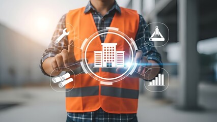 Construction worker interacting with digital building interface