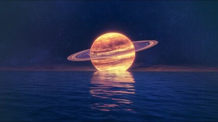 A glowing, ringed planet illusionally resting upon a vast ocean surface under a dark night sky - Powered by Adobe