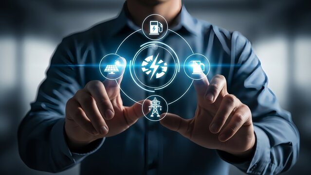 Businessman interacting with sustainable energy icons on digital interface - Powered by Adobe