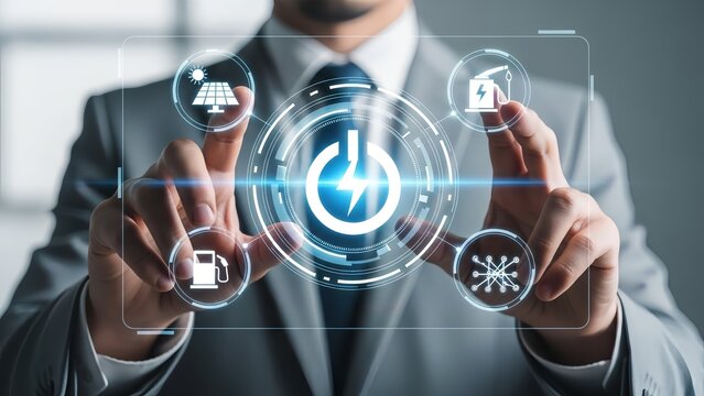 Businessman interacting with futuristic energy interface technology - Powered by Adobe