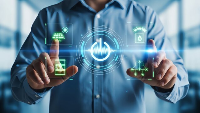Businessman interacting with futuristic energy management interface - Powered by Adobe