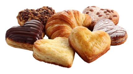 Assorted heart shaped pastries on transparent background for bakery and dessert