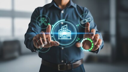 Businessman interacting with futuristic building interface