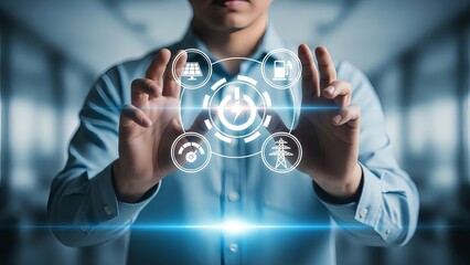 Businessman interacting with futuristic energy icons on screen