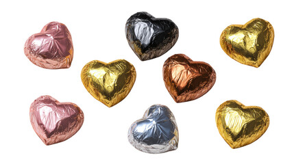 Assorted metallic foil wrapped heart shaped chocolate candies isolated on backdrop group