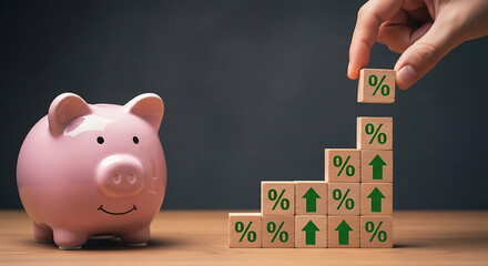 Hand placing wooden block with percentage sign on of ascending blocks next to pink piggy bank wooden blocks