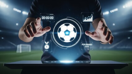 Soccer player analyzing performance stats on digital interface