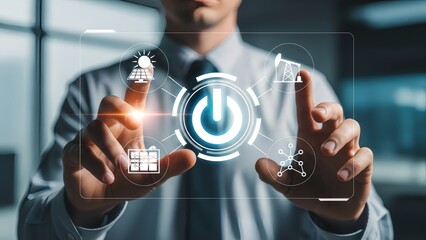 Businessman interacting with futuristic energy interface