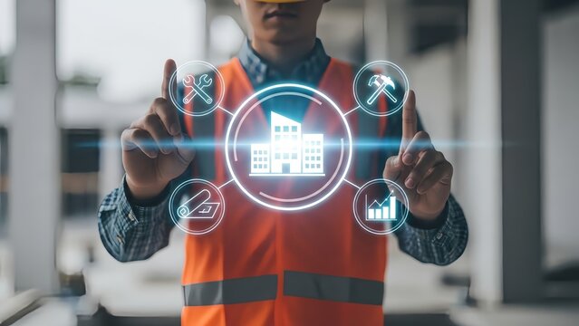 Construction worker interacting with digital building interface - Powered by Adobe
