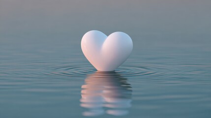 White Heart Shape Floating on Water Surface Reflecting Serenity and Calmness in Tranquil Environment at Dusk
