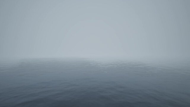 Cinematic foggy ocean surface moving forward, mysterious mist over calm water long duration 3D animation for title background.