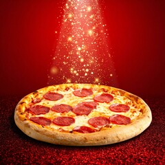 祝祭ムードのペパロニピザ 赤グラデーション広告ビジュアル