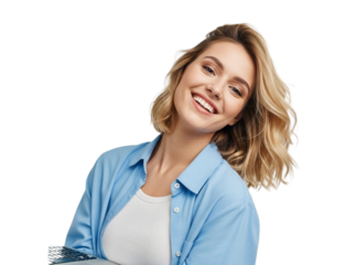 Woman smiling in blue shirt isolated on transparent background