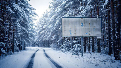 A snowy road winds through a dense forest with a blank billboard standing alongside
