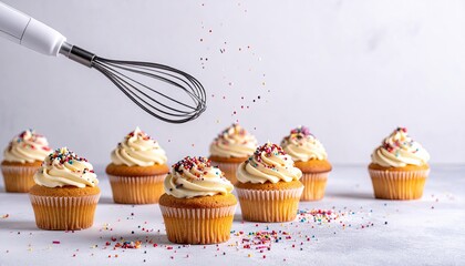 Frosted cupcakes with sprinkles, whisk overhead