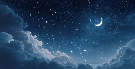 Night sky scene with a crescent moon and fluffy clouds scattered across
