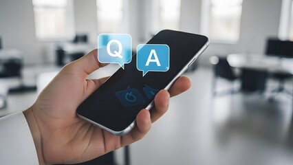 A hand holding a smartphone with q a icons on the screen in a modern office setting