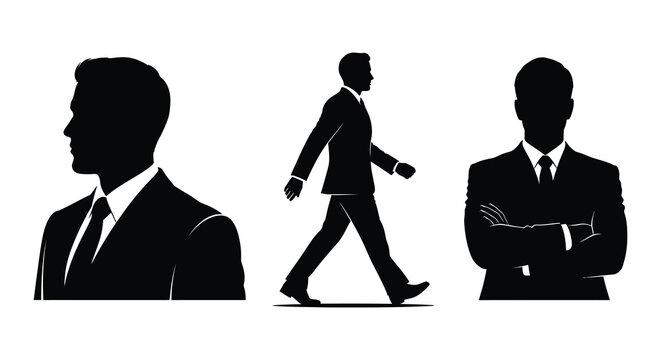 Three professional men in suits are depicted in striking black silhouette high quality