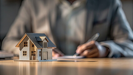 House model on desk during businessman signs concept. A miniature house on a table with a person writing documents.