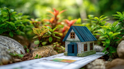 Eco friendly house on blueprints concept. A miniature house surrounded by vibrant greenery and stones.