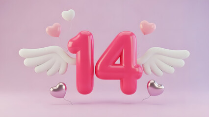 Glossy pink 3D number fourteen with white angel wings and floating heart balloons on a soft purple background for Valentines Day fourteenth of February celebration and romance