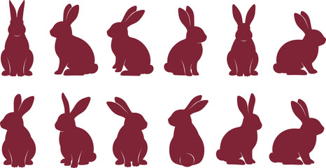 Brown rabbit silhouette collection featuring various bunny shapes in sitting and standing poses for easter nature wildlife forest animals and vector design.