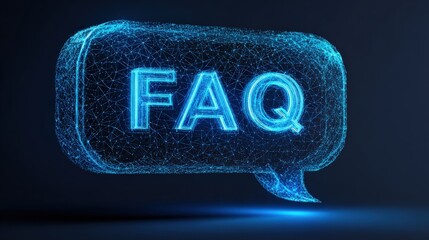 A futuristic FAQ icon, shining with vibrant blue, hovering against a dark background, representing digital communication. ..Created with Generative AI, not depicting real subjects.