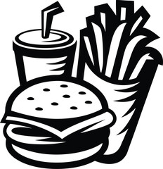 fast food combo set icon Black silhouette vector illustration on transparent background